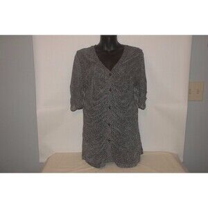Cabi Black Pebble Print Gathered Ruched Placket Button Down Mesh Top Size M